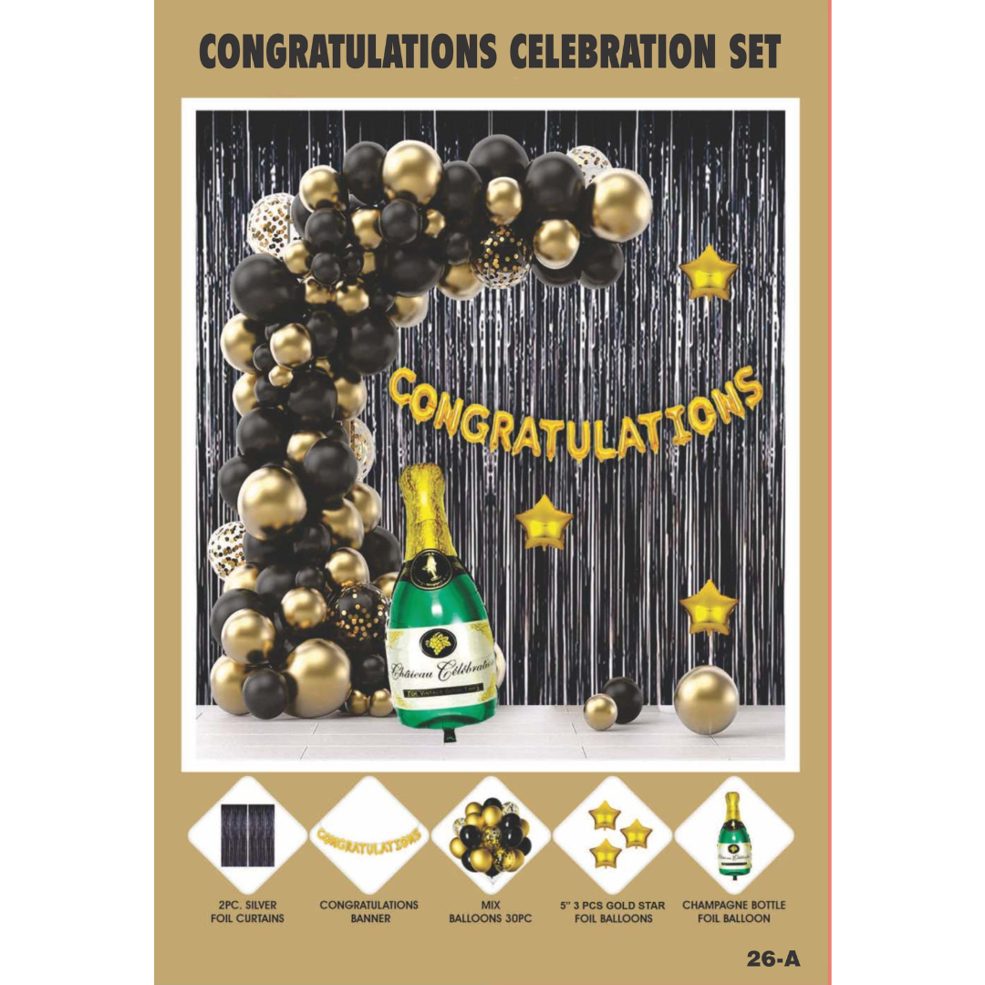 Maa Arts And Crafts Elegant Gold & Black Congratulations Decoration (30 Mixed Balloons, 1 Foil Banner, 1 Champagne Bottle, 3 Star Foils,2 Black Foil Curtain)