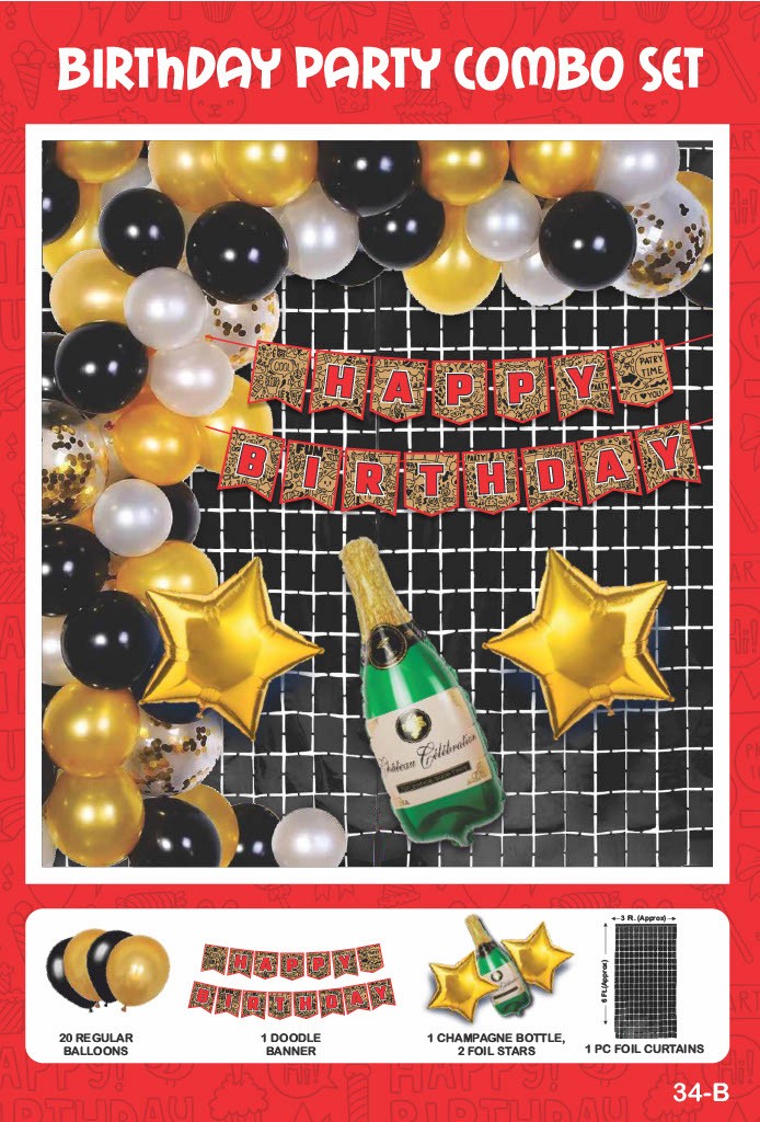 Maa Arts And Crafts Elegant Gold & Black Birthday Party Decoration Set - 25 Piece (20 Balloons, 1 Doodle Banner, 1 Champagne Bottle, 2 Star Foils,1 Black Foil Curtain)