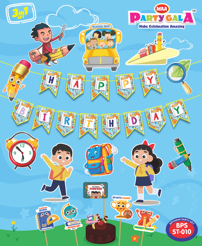 Maa Arts And Crafts Themed Birthday Celebration Set, 1 Birthday Banner , 10 Birthday Posters , 1 Cake Topper , 5 Props (School)