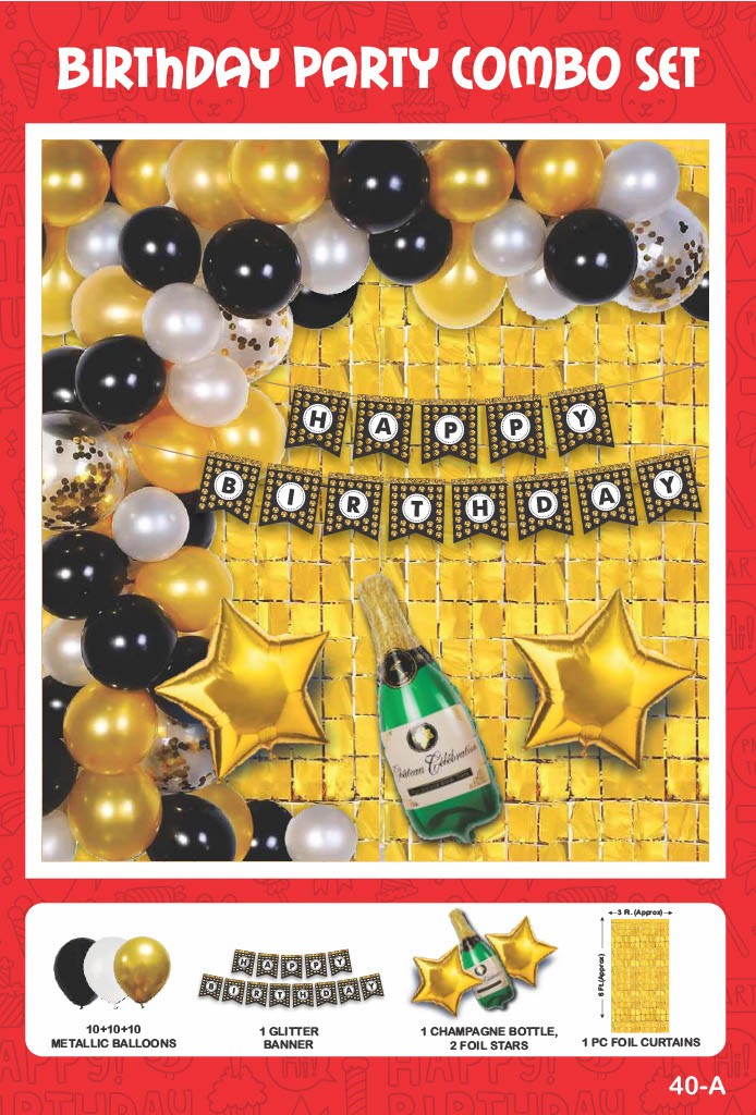 Maa Arts And Crafts Elegant Gold, Black & White Birthday Party Decoration Set - 35Piece (30 Balloons, 1 Glitter Banner, 1 Champagne Bottle, 2 Star Foils,1 Gold Foil Curtain)