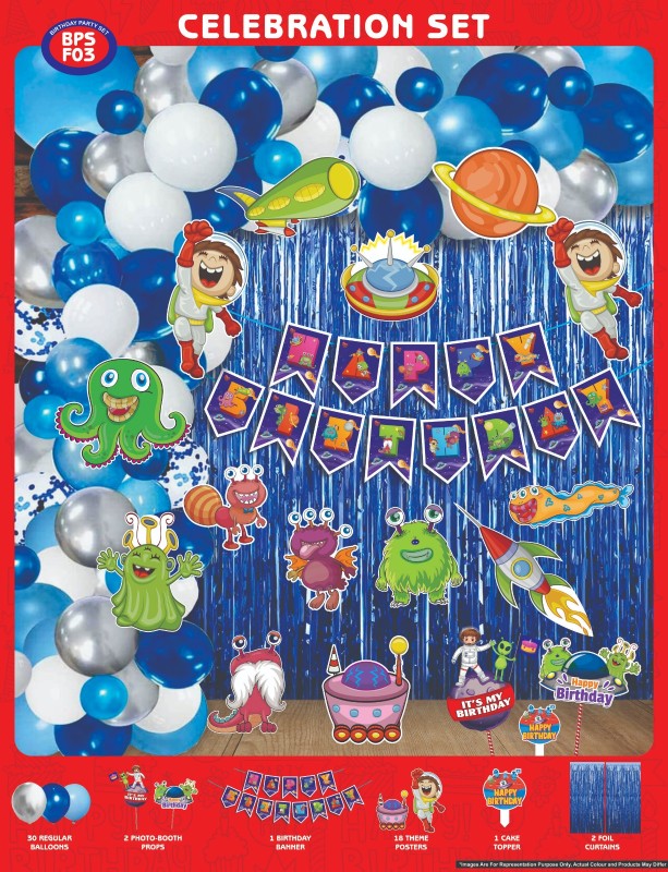 Maa Arts And Crafts Themed Birthday Celebration Set, 30 Balloons, 2 Photo Booth Props, 1 Birthday Banner, 14 Theme Posters, 1 Cake Toppers, 2 Foils Curtain (Space Alien)