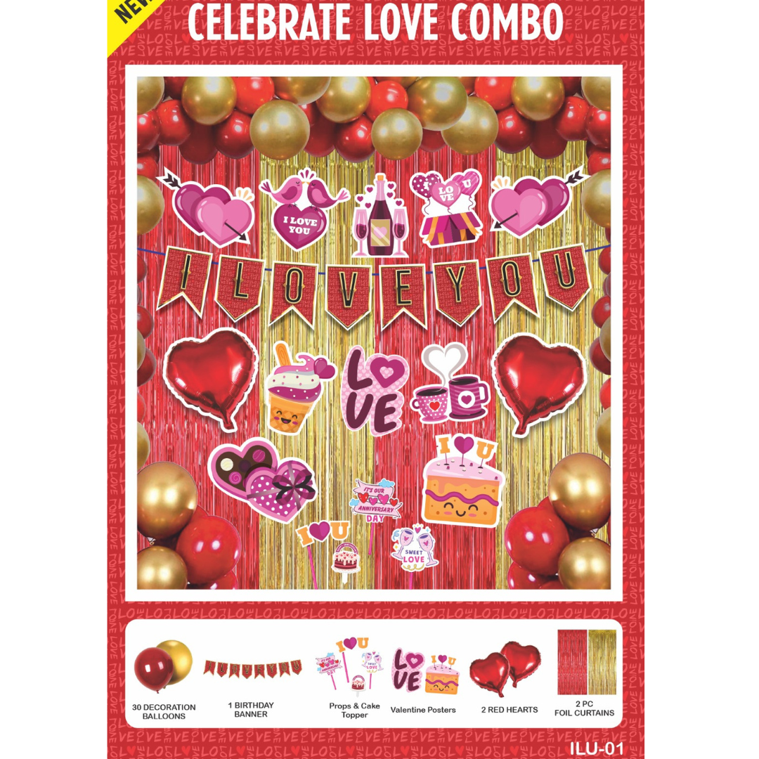 Valentine's Day Decoration Set with Banner, 30 Balloons, Props, Cake Topper, Posters, Heart Balloons, Foil Curtains, Red and Gold (Red)