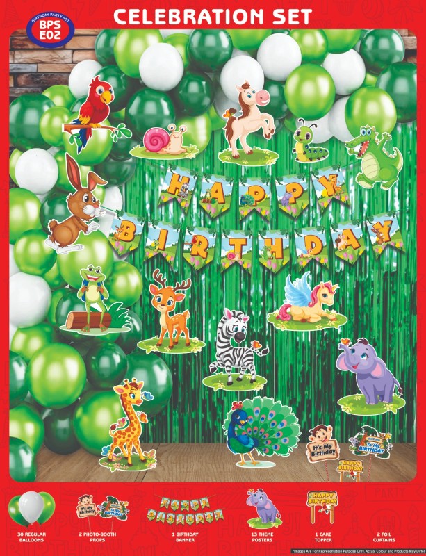 Maa Arts And Crafts Themed Birthday Celebration Set, 30 Balloons, 2 Photo Booth Props, 1 Birthday Banner, 13 Theme Posters, 1 Cake Toppers, 2 Foils Curtains (Jungle)