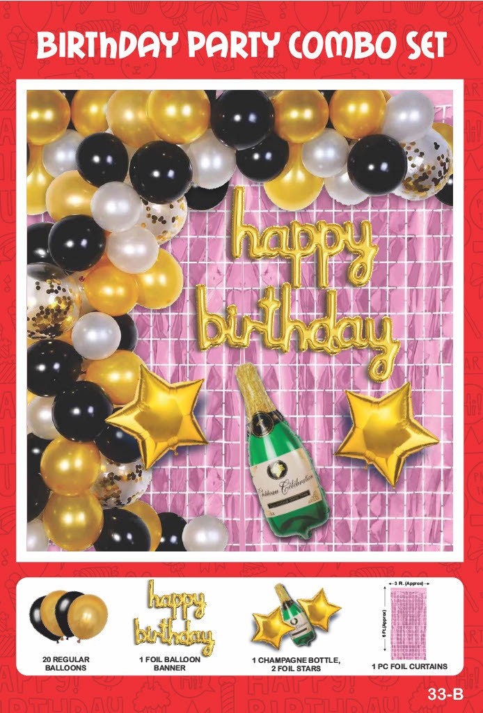 Maa Arts And Crafts Elegant Gold & Black Birthday Party Decoration Set - 25 Piece (20 Balloons, 1 Foil Banner, 1 Champagne Bottle, 2 Star Foils,1 Pink Foil Curtain)