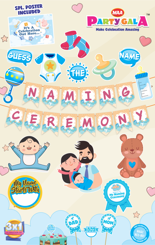 Maa Party Gala Naming Ceremony Decoration Set, English Banner with Teddy Bears and Balloons, Blue Theme Party Supplies, 3 in 1 Set