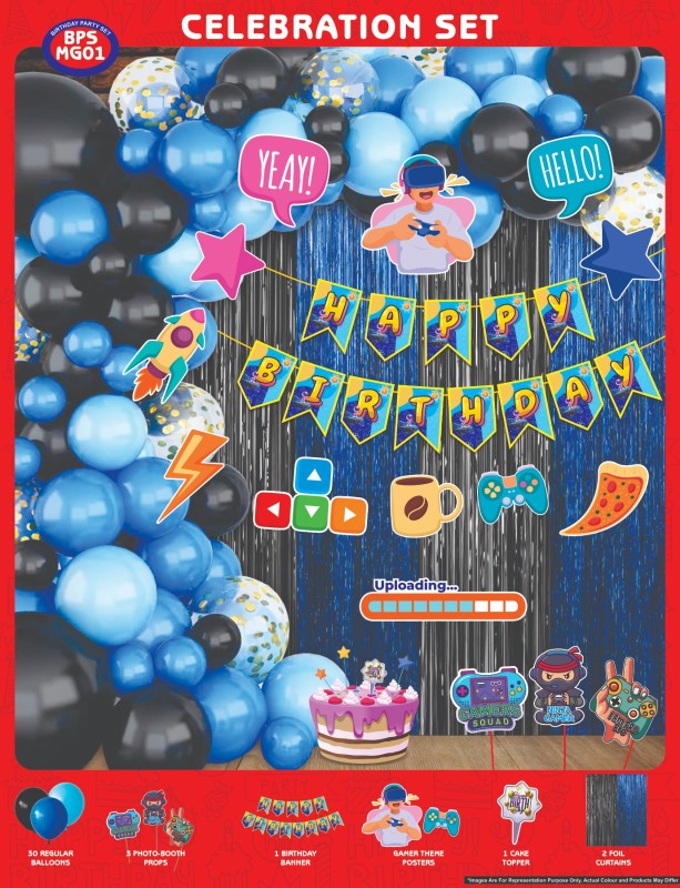 Maa Arts And Crafts Themed Birthday Celebration Set, 30 Balloons, 3 Photo Booth Props, 1 Birthday Banner, 12 Gamer Theme Posters, 2 Foil Curtains (VDO Games)