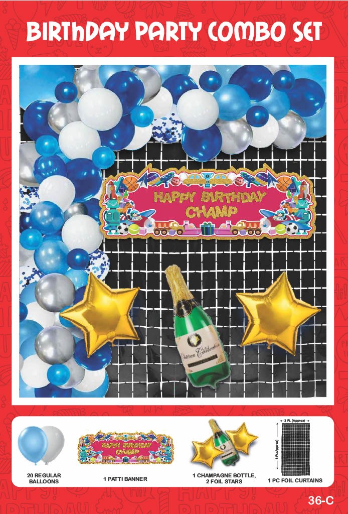 Maa Arts And Crafts Elegant Blue & White Birthday Party Decoration Set - 25 Piece (20 Balloons, 1 Patti Banner, 1 Champagne Bottle, 2 Star Foils,1 Black Foil Curtain)