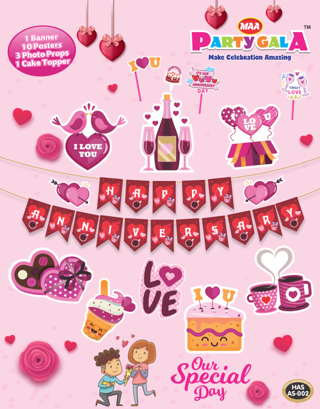 Maa Party Gala Happy Anniversary Party Decoration Set, Pink Banner with 10 Posters,3 Props and 1 Cake Topper, Love Theme Party Supplies