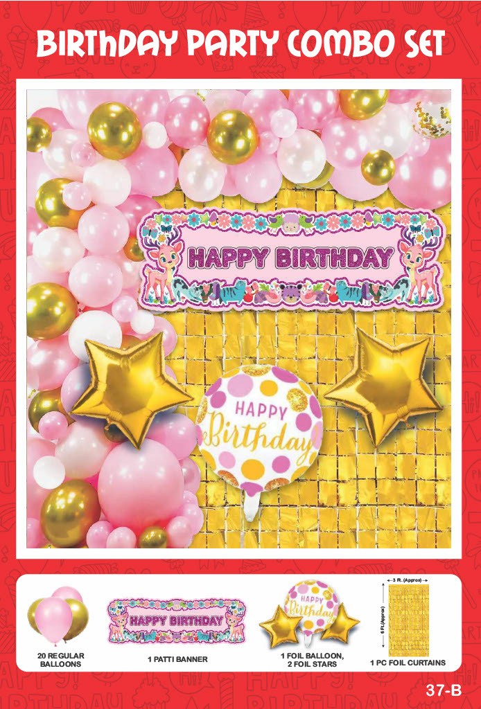 Maa Arts And Crafts Elegant Gold & Pink Birthday Party Decoration Set - 25 Piece (20 Balloons, 1 Patti Banner, 1 Foil Balloon, 2 Star Foils,1 Gold Foil Curtain)