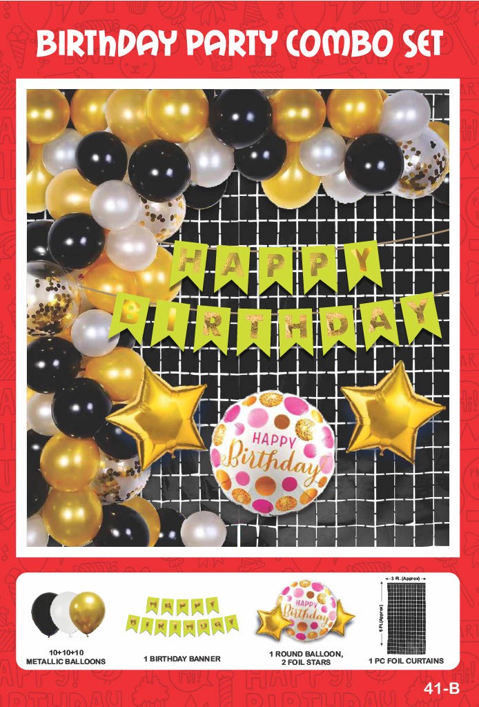 Maa Arts And Crafts Elegant Gold, White & Black Birthday Party Decoration Set - 35Piece (30 Balloons, 1 Birthday Banner, 1 Birthday Balloon, 2 Star Foils,1 Black Foil Curtain)