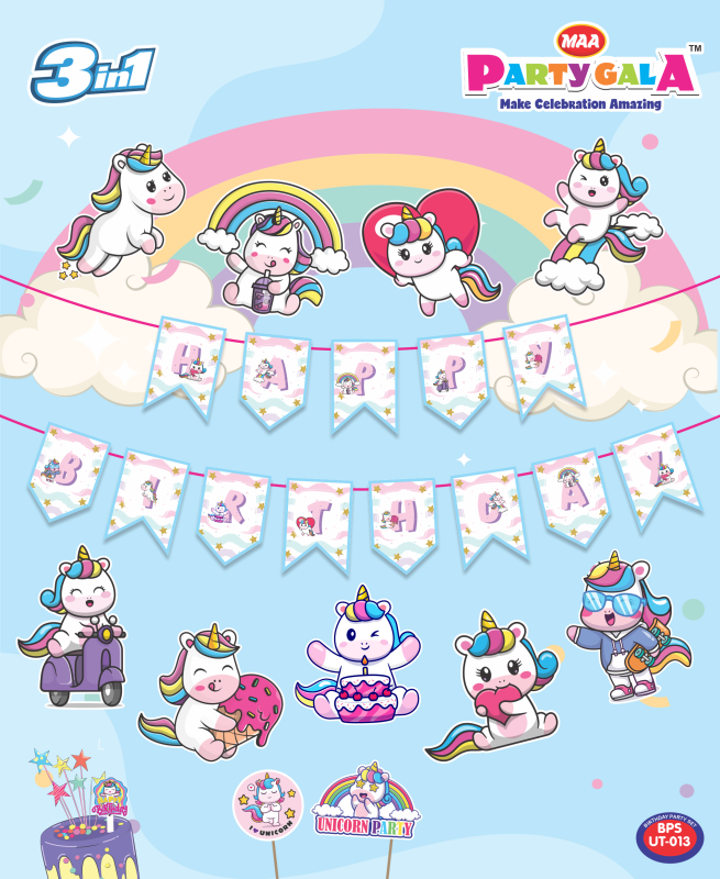 Maa Arts And Crafts Themed Birthday Celebration Set, 1 Birthday Banner , 9 Birthday Posters , 1 Cake Topper , 2 Props (Unicorn)