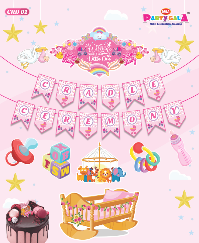 Maa Party Gala Cradle Ceremony Banner Decoration Set, Baby Girl Shower Bunting with Welcome Message, Party Supplies (Pink)