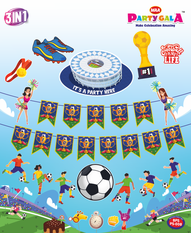 Maa Arts And Crafts Themed Birthday Celebration Set, 1 Birthday Banner , 14 Birthday Posters , 1 Cake Topper , 5 Props (Football banner)